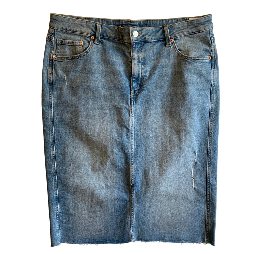 H&M &‎ Denim Womens Size 18 Blue Denim Distressed Raw Hem Jean Skirt